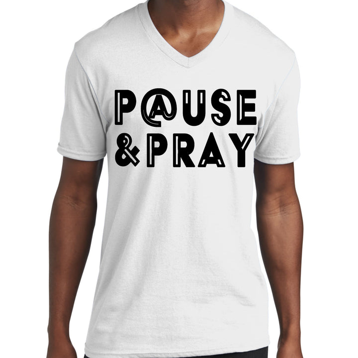 Mens Graphic V-neck T-shirt Pause and Pray Black Illustration - Unisex