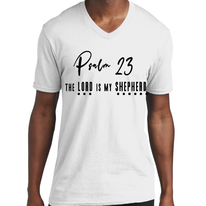 Mens Graphic V-neck T-shirt Psalm 23 the Lord is my Shepherd Black - Unisex