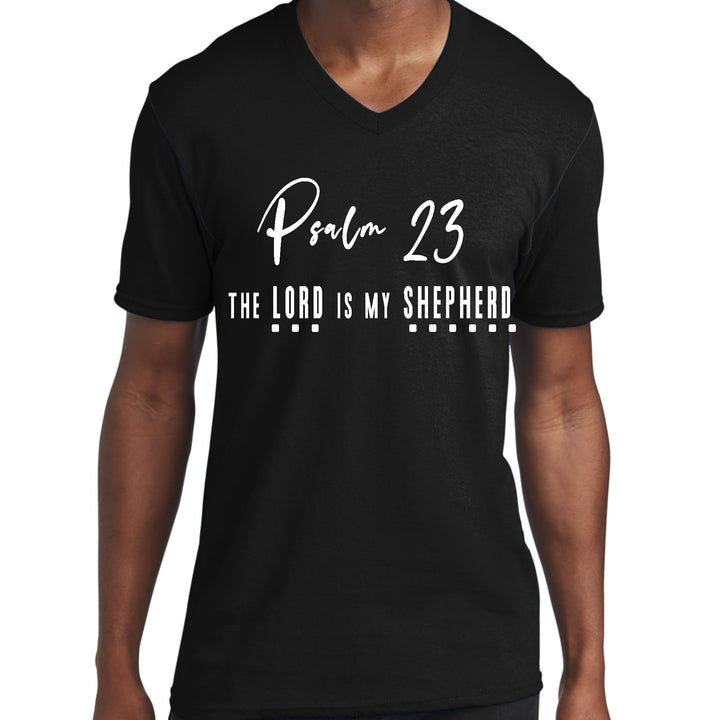 Mens Graphic V-neck T-shirt Psalm 23 the Lord is my Shepherd White - Mens