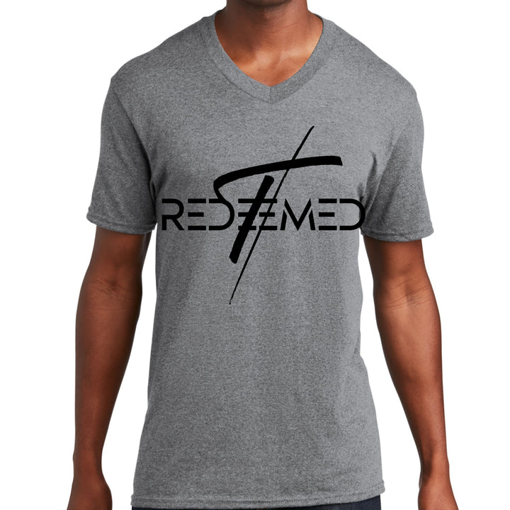 Mens Graphic V-neck T-shirt Redeemed Cross Black Illustration - Unisex