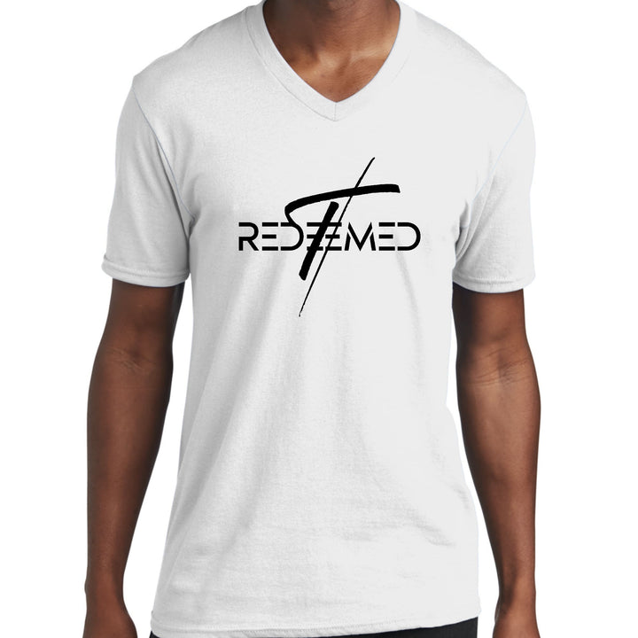 Mens Graphic V-neck T-shirt Redeemed Cross Black Illustration - Unisex