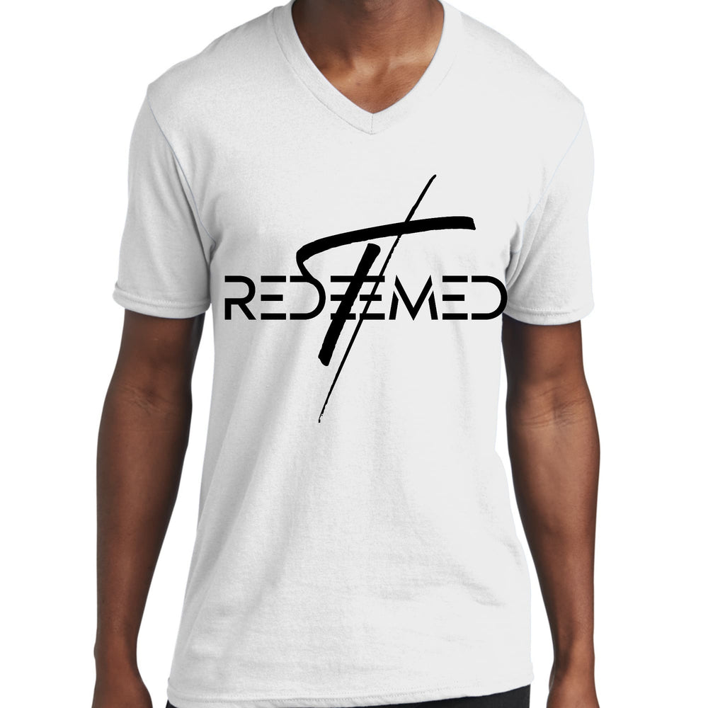 Mens Graphic V-neck T-shirt Redeemed Cross Black Illustration - Unisex