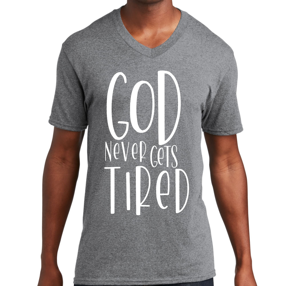 Mens Graphic V-neck T-shirt Say it Soul - God Never Gets Tired - Mens