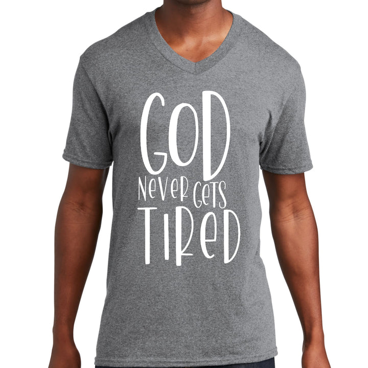 Mens Graphic V-neck T-shirt Say It Soul - God Never Gets Tired - Unisex