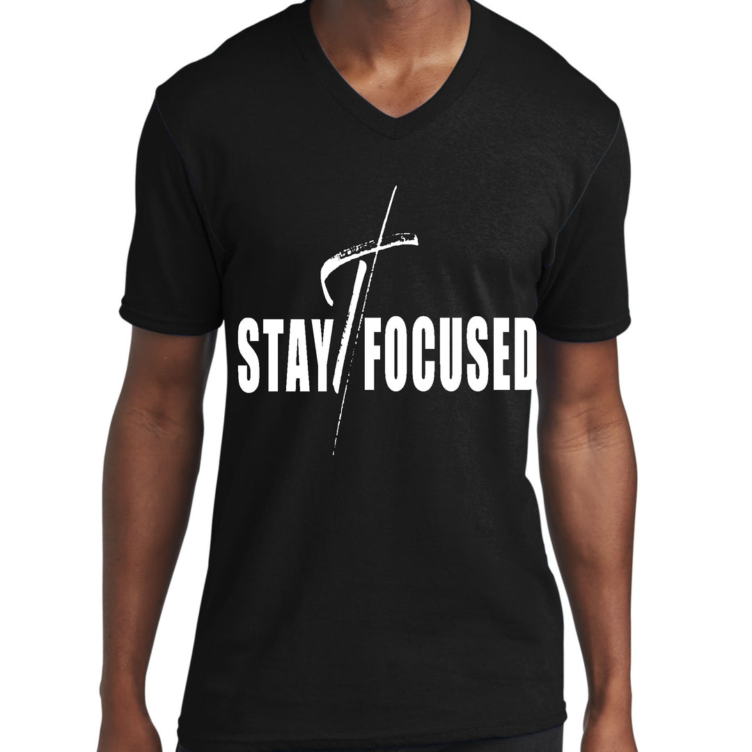 Mens Graphic V-neck T-shirt Stay Focused White Print - Mens | T-Shirts | V-Neck