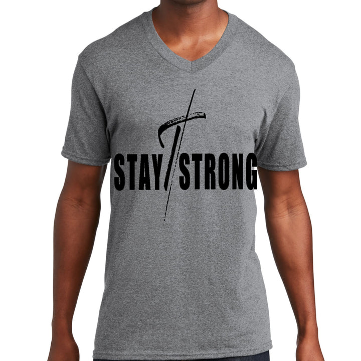 Mens Graphic V-neck T-shirt Stay Strong with Cross Black Print - Unisex