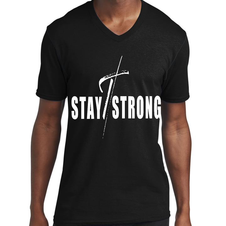 Mens Graphic V-neck T-shirt Stay Strong with Cross White Print - Mens