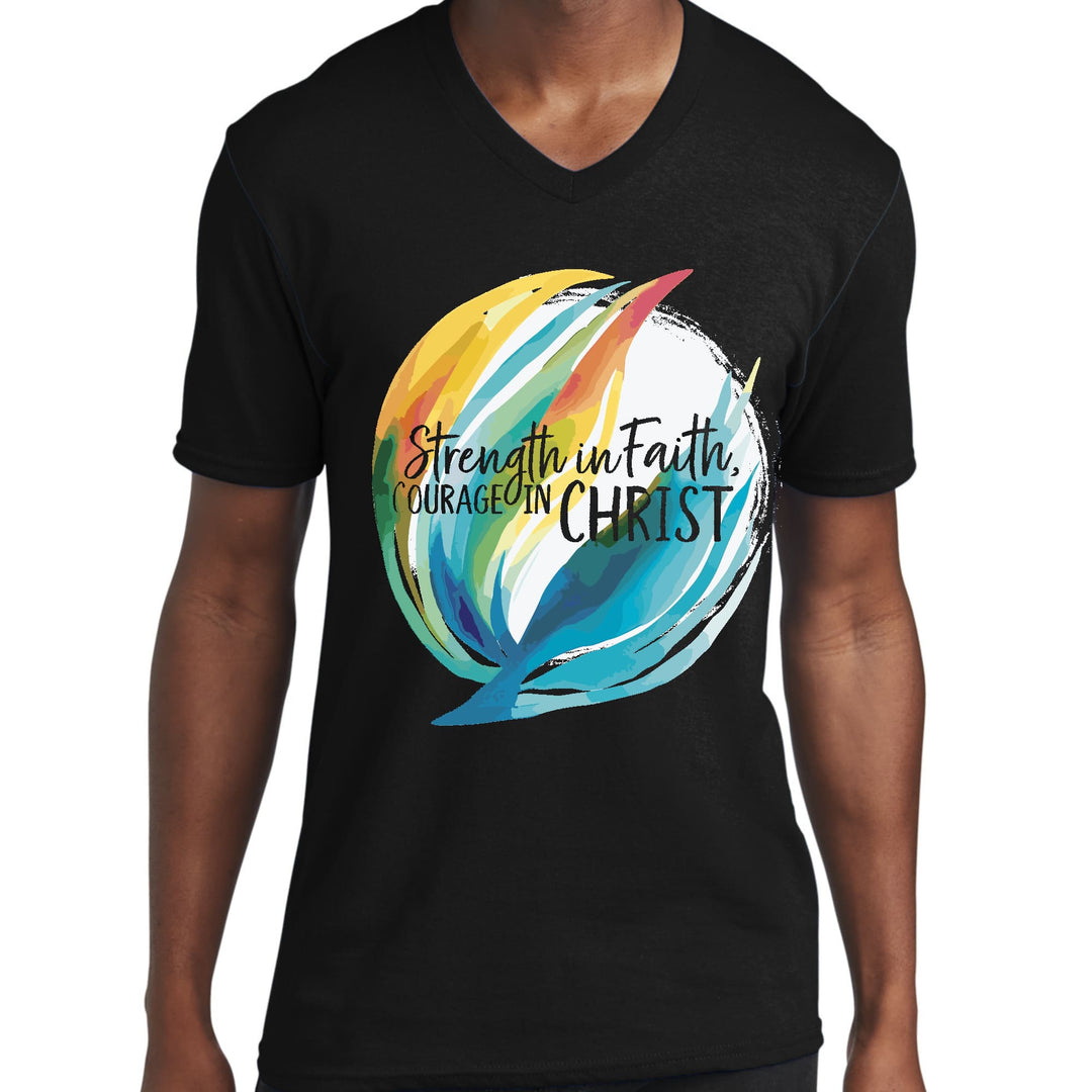 Mens Graphic V-neck T-shirt Strength in Faith Courage in Christ - Unisex