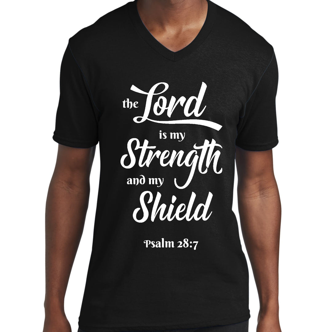 Mens Graphic V-neck T-shirt the Lord is my Strength and my Shield - Unisex