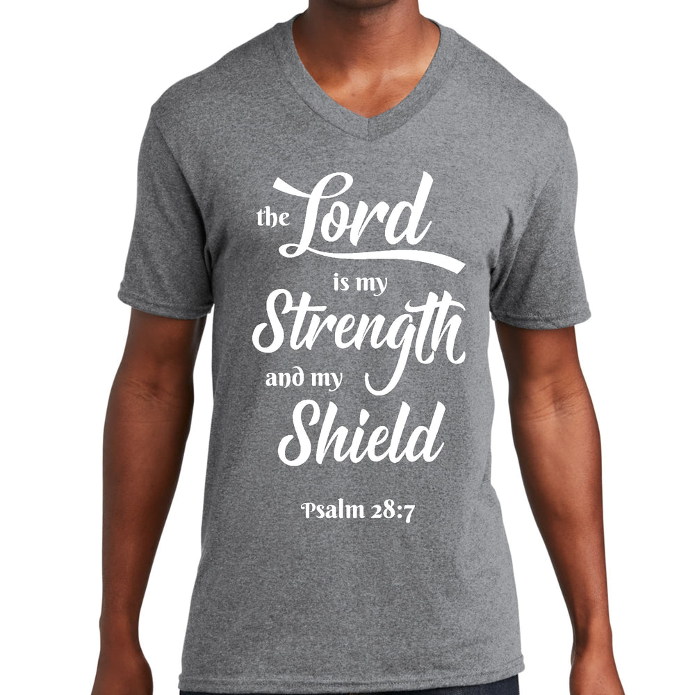 Mens Graphic V-neck T-shirt the Lord is my Strength and my Shield - Unisex