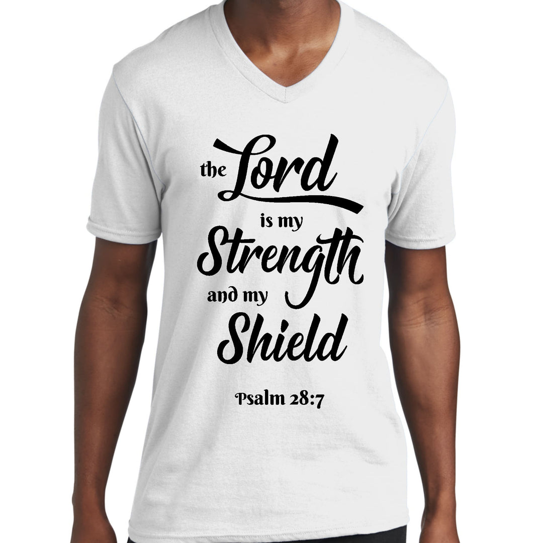 Mens Graphic V-neck T-shirt the Lord is my Strength and my Shield - Mens