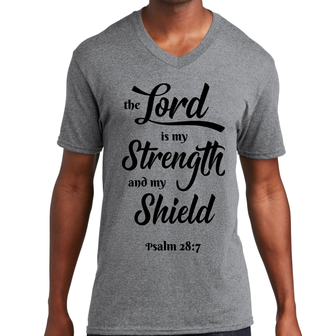 Mens Graphic V-neck T-shirt the Lord is my Strength and my Shield - Mens