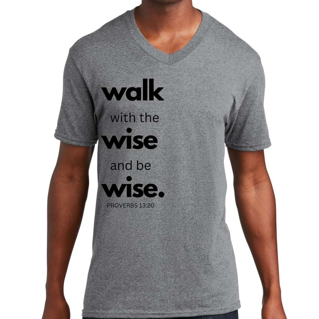 Mens Graphic V-neck T-shirt Walk with the Wise and be Wise Black - Mens