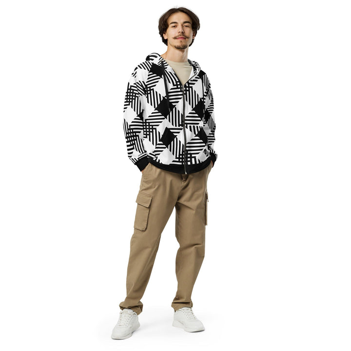 Mens Graphic Zip Hoodie Black and White Plaid Print - Mens | Hoodies | Zip Front