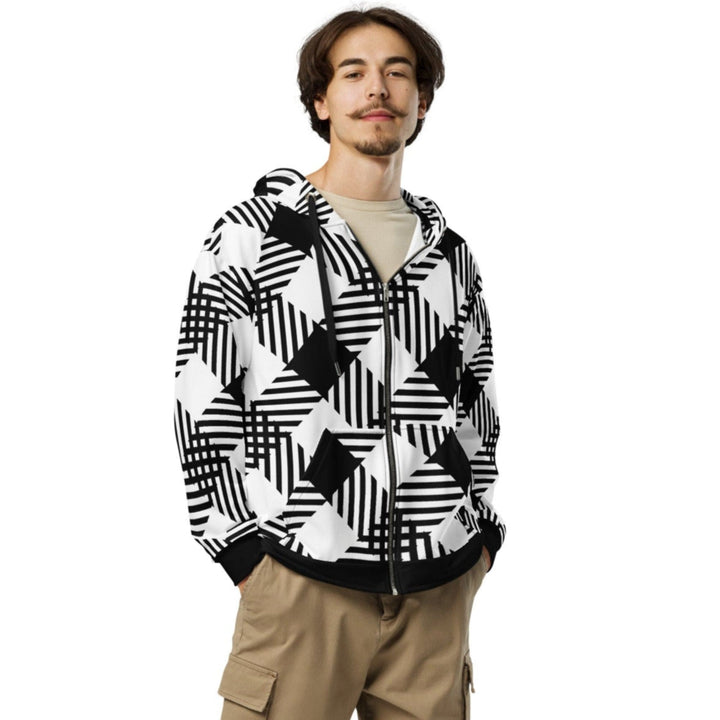 Mens Graphic Zip Hoodie Black and White Plaid Print - Mens | Hoodies | Zip Front