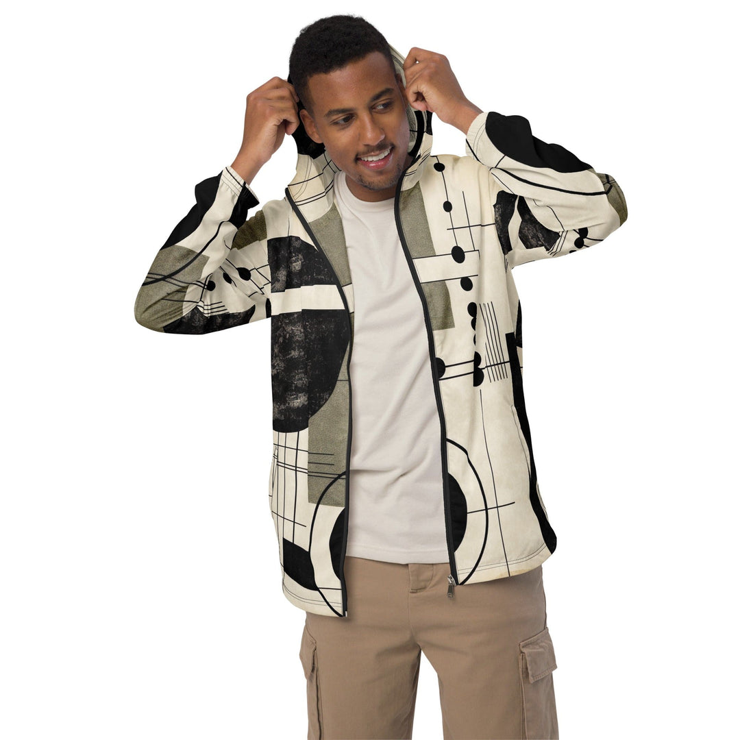 Mens Hooded Windbreaker Jacket Abstract Black Beige Brown Geometric