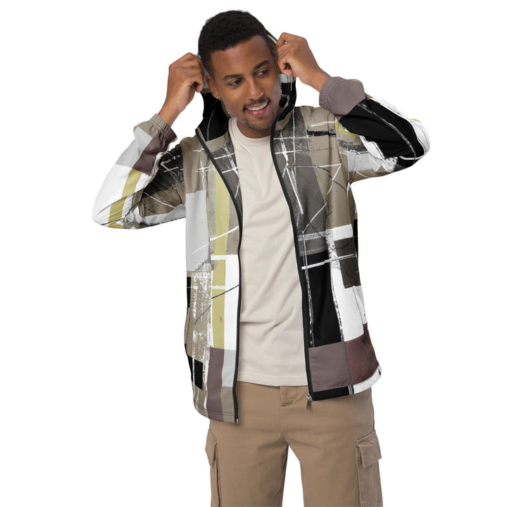 Mens Hooded Windbreaker Jacket Abstract Brown Geometric Shapes