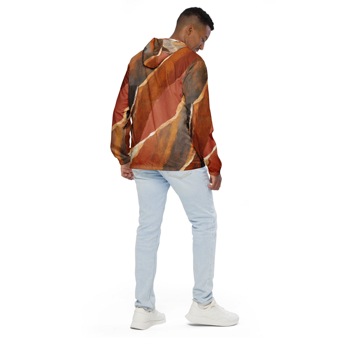 Mens Hooded Windbreaker Jacket Rustic Brown Stone Print