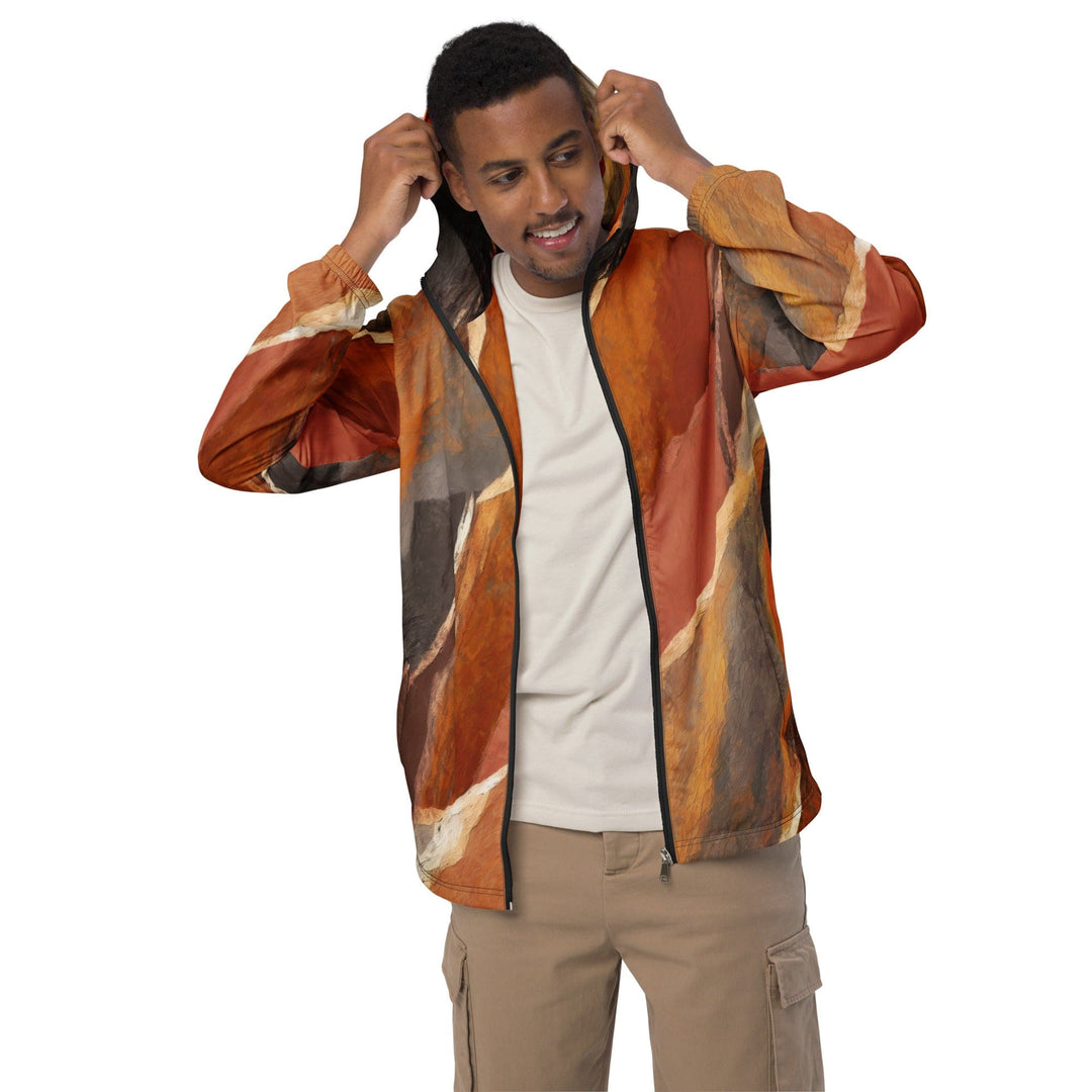 Mens Hooded Windbreaker Jacket Rustic Brown Stone Print