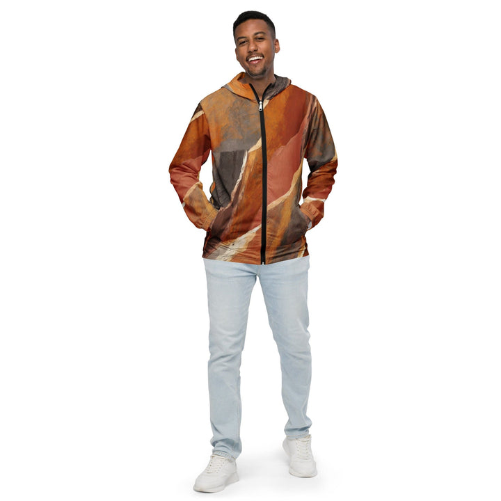 Mens Hooded Windbreaker Jacket Rustic Brown Stone Print