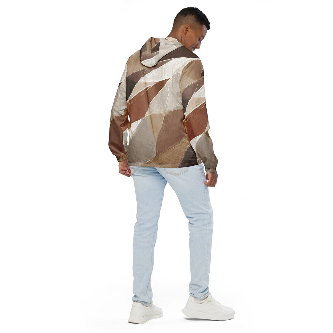 Mens Hooded Windbreaker Jacket Abstract Taupe Brown Textured Pattern
