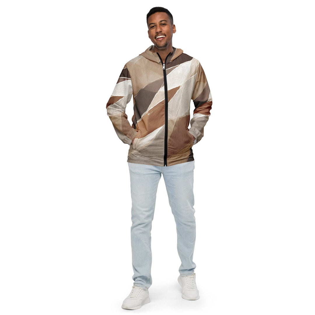 Mens Hooded Windbreaker Jacket Abstract Taupe Brown Textured Pattern