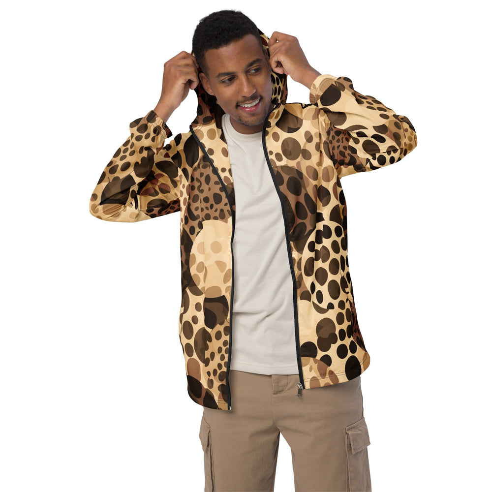Mens Hooded Windbreaker Jacket Beige And Brown Leopard Spots