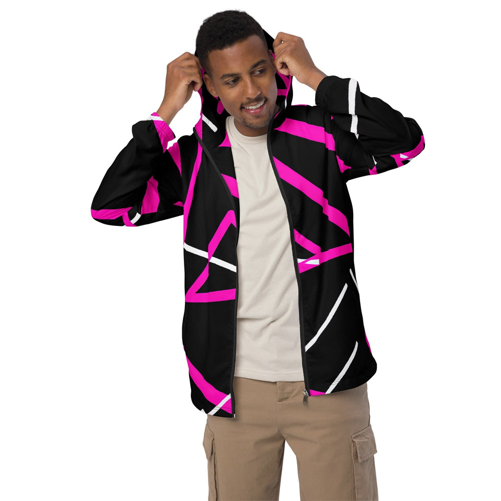 Mens Hooded Windbreaker Jacket Black And Pink Pattern