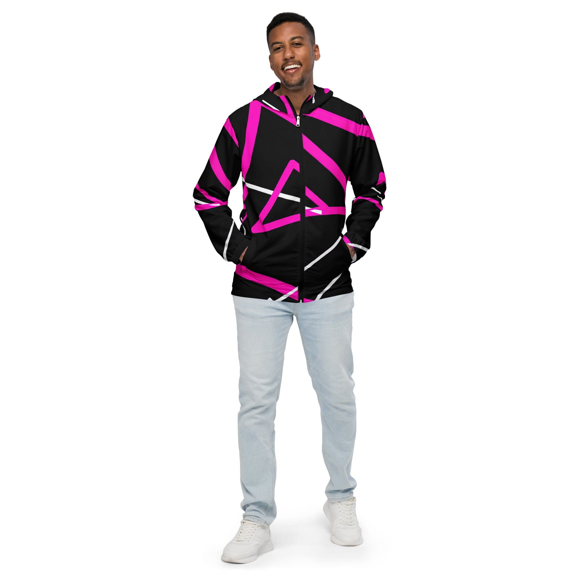 Mens Hooded Windbreaker Jacket - Black and Pink Pattern – inQue.Style