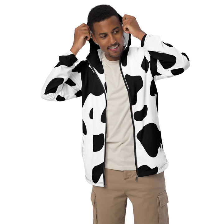 Mens Hooded Windbreaker Jacket Black And White Cow Print