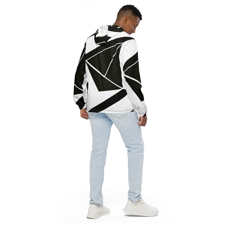 Mens Hooded Windbreaker Jacket Black And White Geometric Pattern