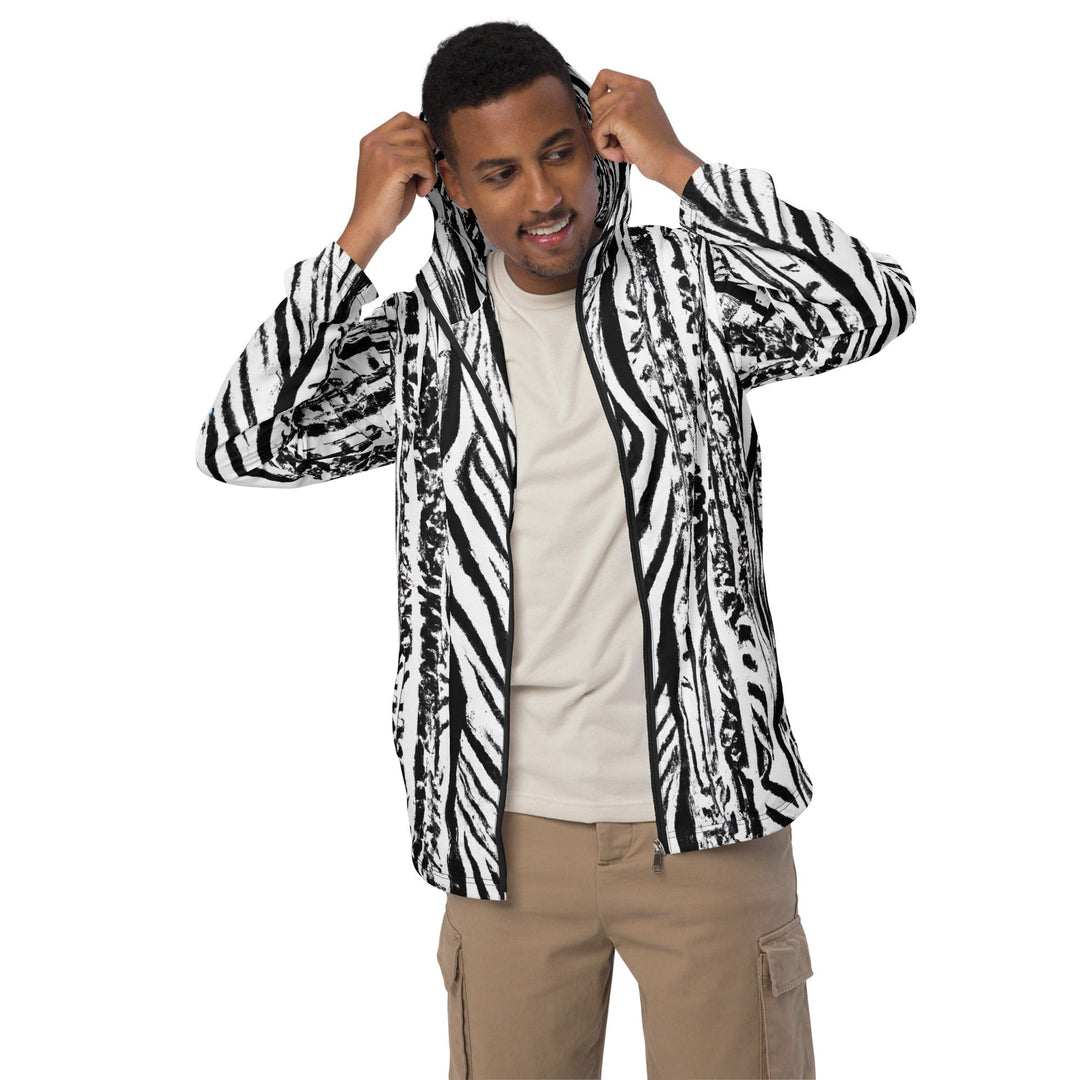 Mens Hooded Windbreaker Jacket Black White Native Print