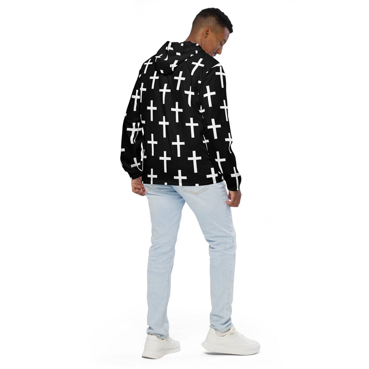 Mens Hooded Windbreaker Jacket Black White Cross Print