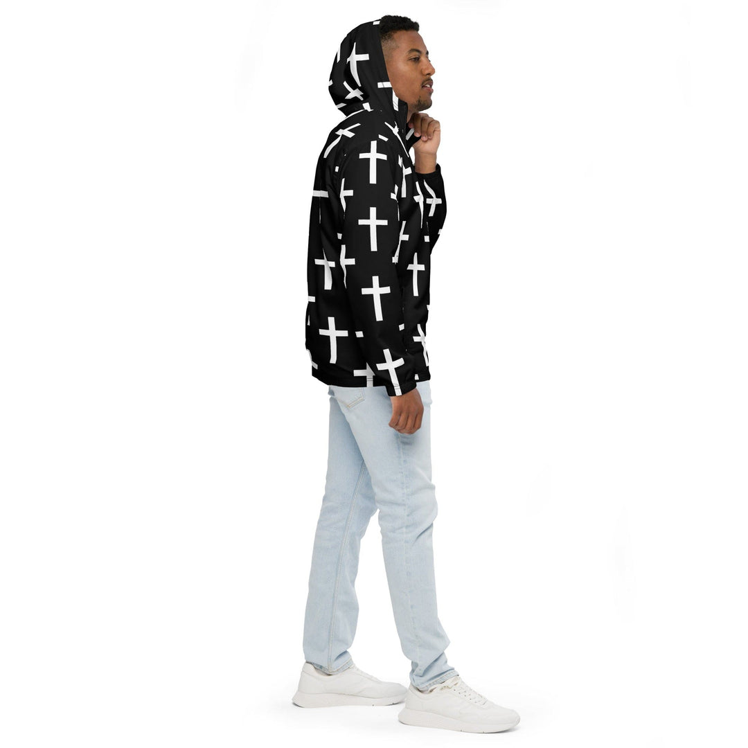 Mens Hooded Windbreaker Jacket Black White Cross Print