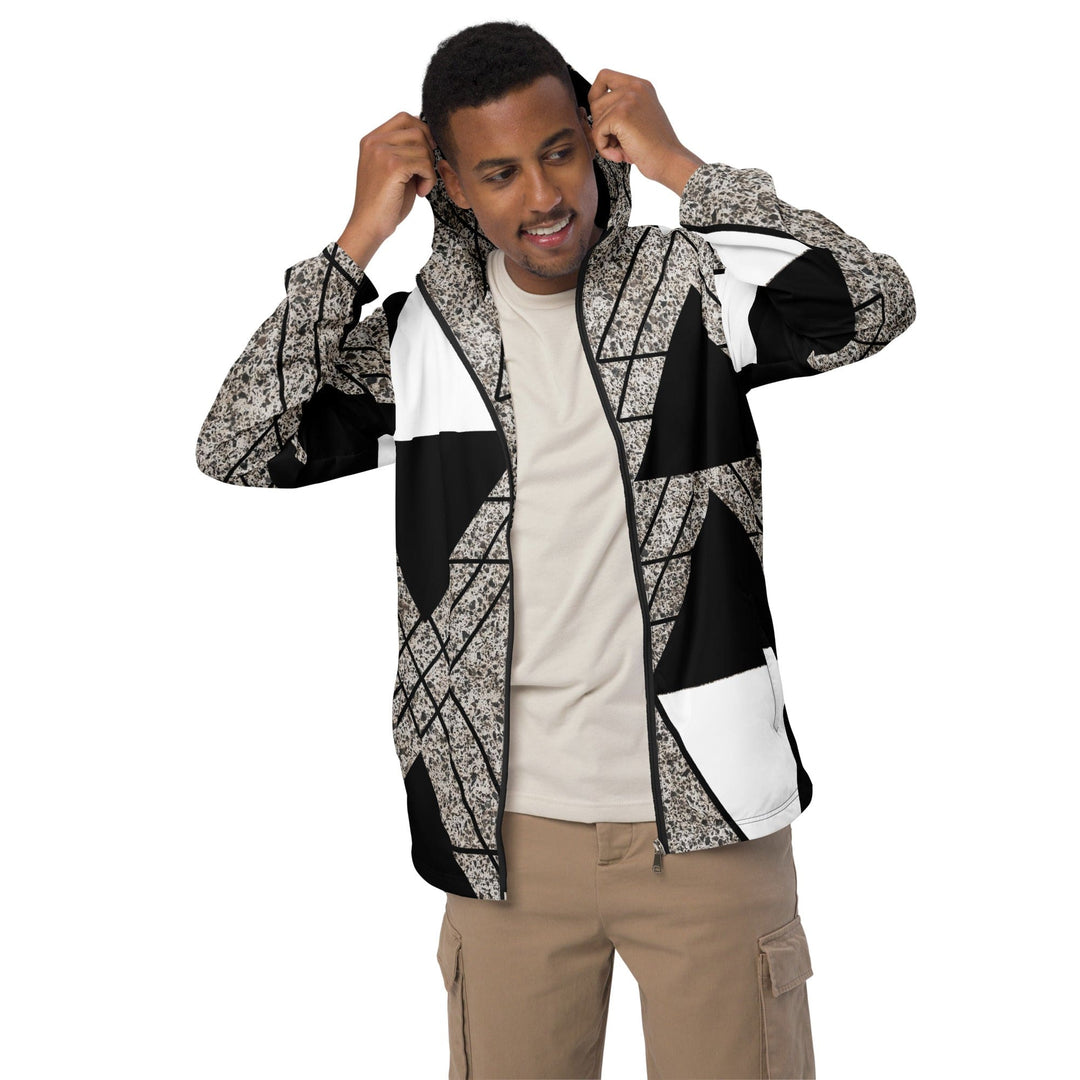 Mens Hooded Windbreaker Jacket - Black and White Triangular Colorblock