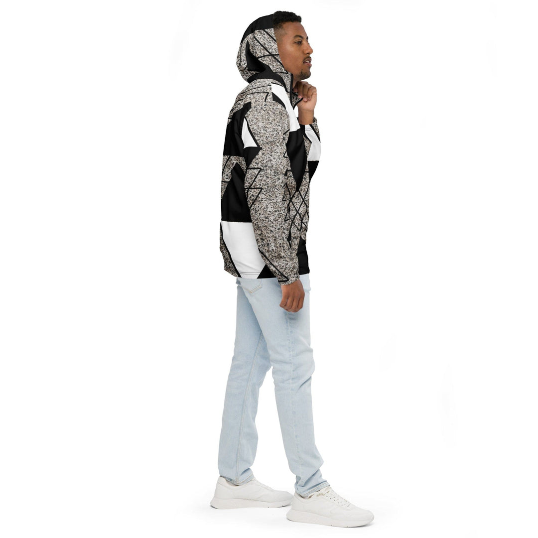 Mens Hooded Windbreaker Jacket - Black and White Triangular Colorblock