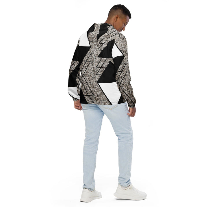 Mens Hooded Windbreaker Jacket - Black and White Triangular Colorblock