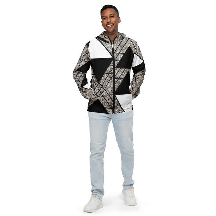 Mens Hooded Windbreaker Jacket - Black and White Triangular Colorblock