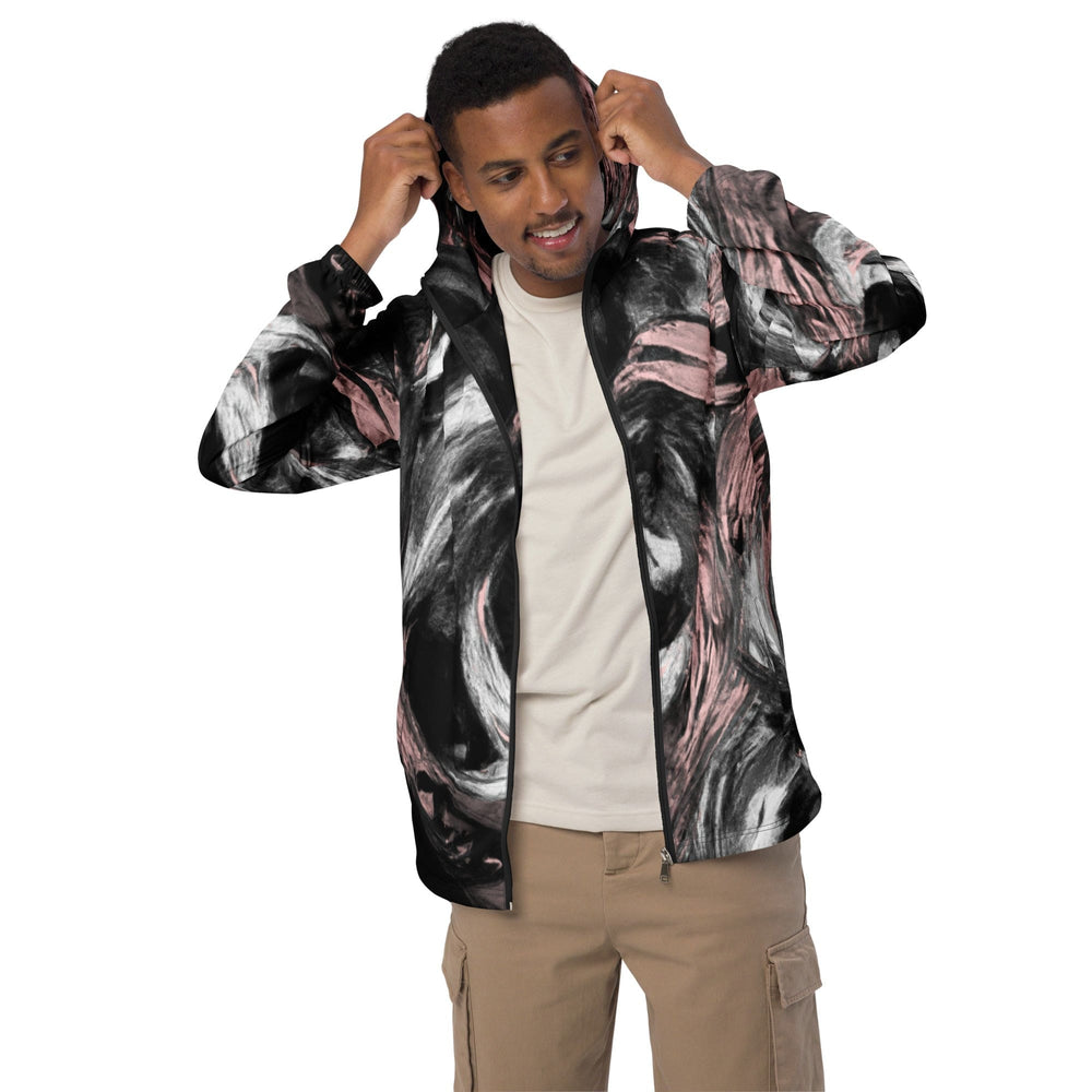 Mens Hooded Windbreaker Jacket Black Pink White Abstract Pattern