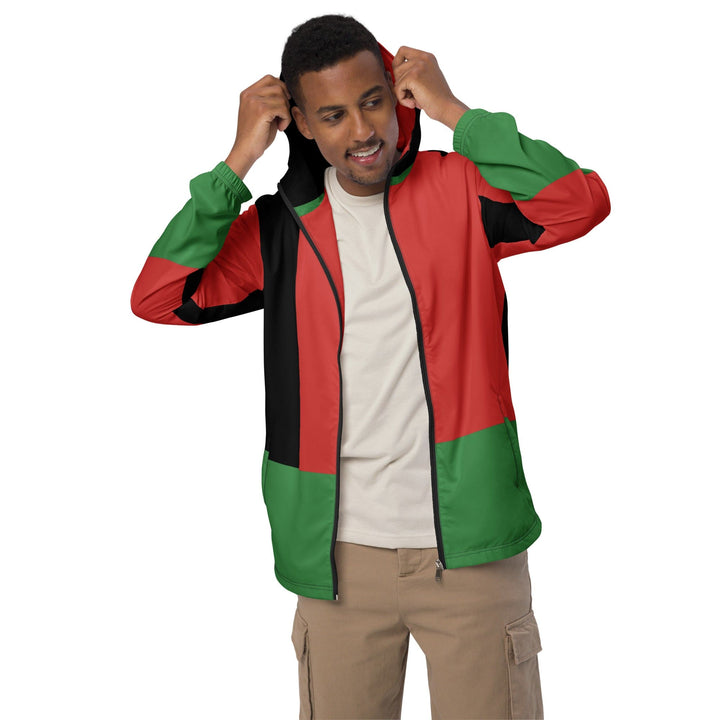 Mens Hooded Windbreaker Jacket - Black Red Green Stripped 4