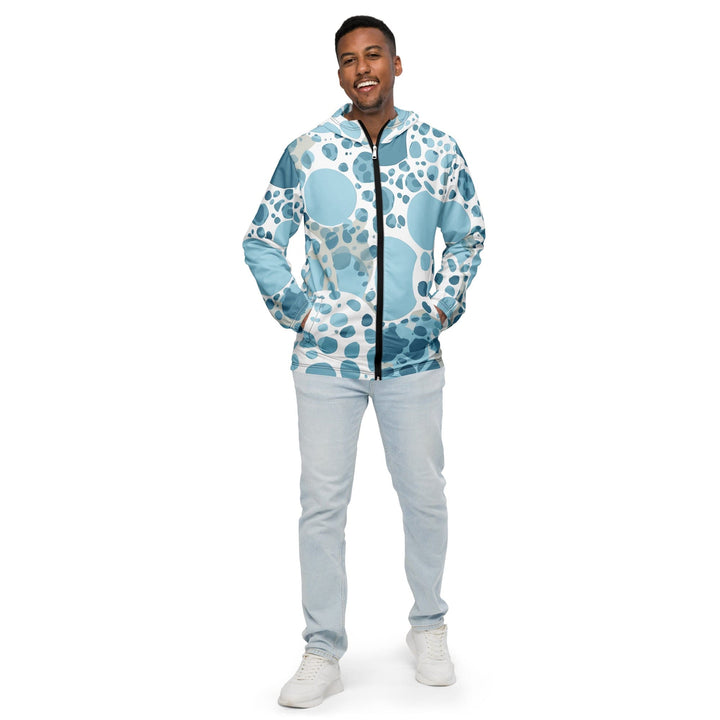 Mens Hooded Windbreaker Jacket Blue And White Circular Spotted