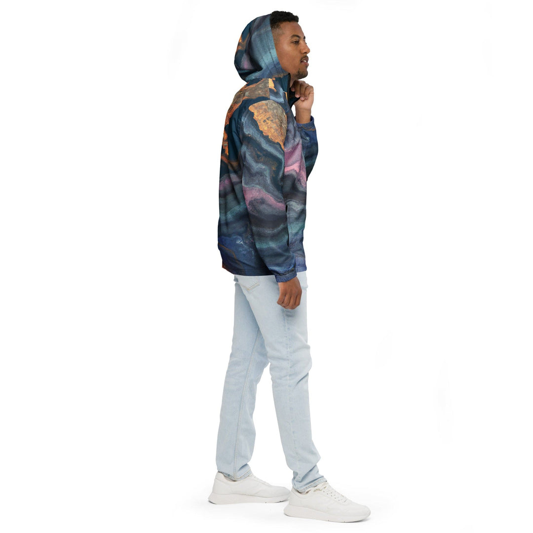 Mens Hooded Windbreaker Jacket - Blue Pink Marble Swirl Print