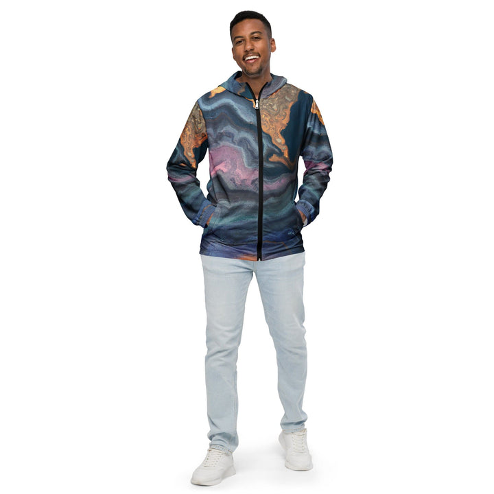 Mens Hooded Windbreaker Jacket - Blue Pink Marble Swirl Print