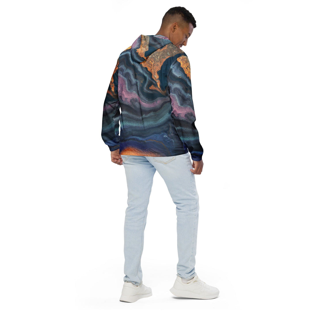 Mens Hooded Windbreaker Jacket - Blue Pink Marble Swirl Print