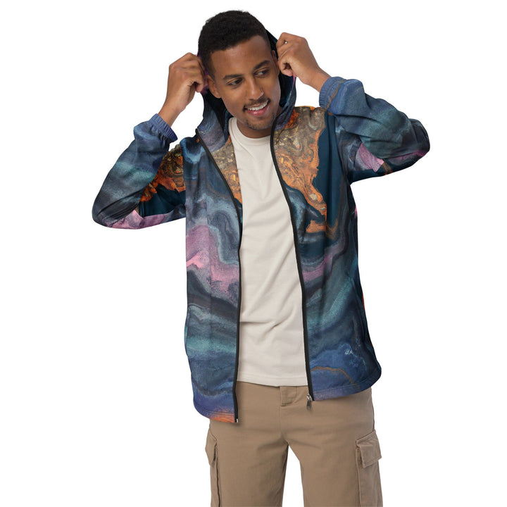 Mens Hooded Windbreaker Jacket - Blue Pink Marble Swirl Print