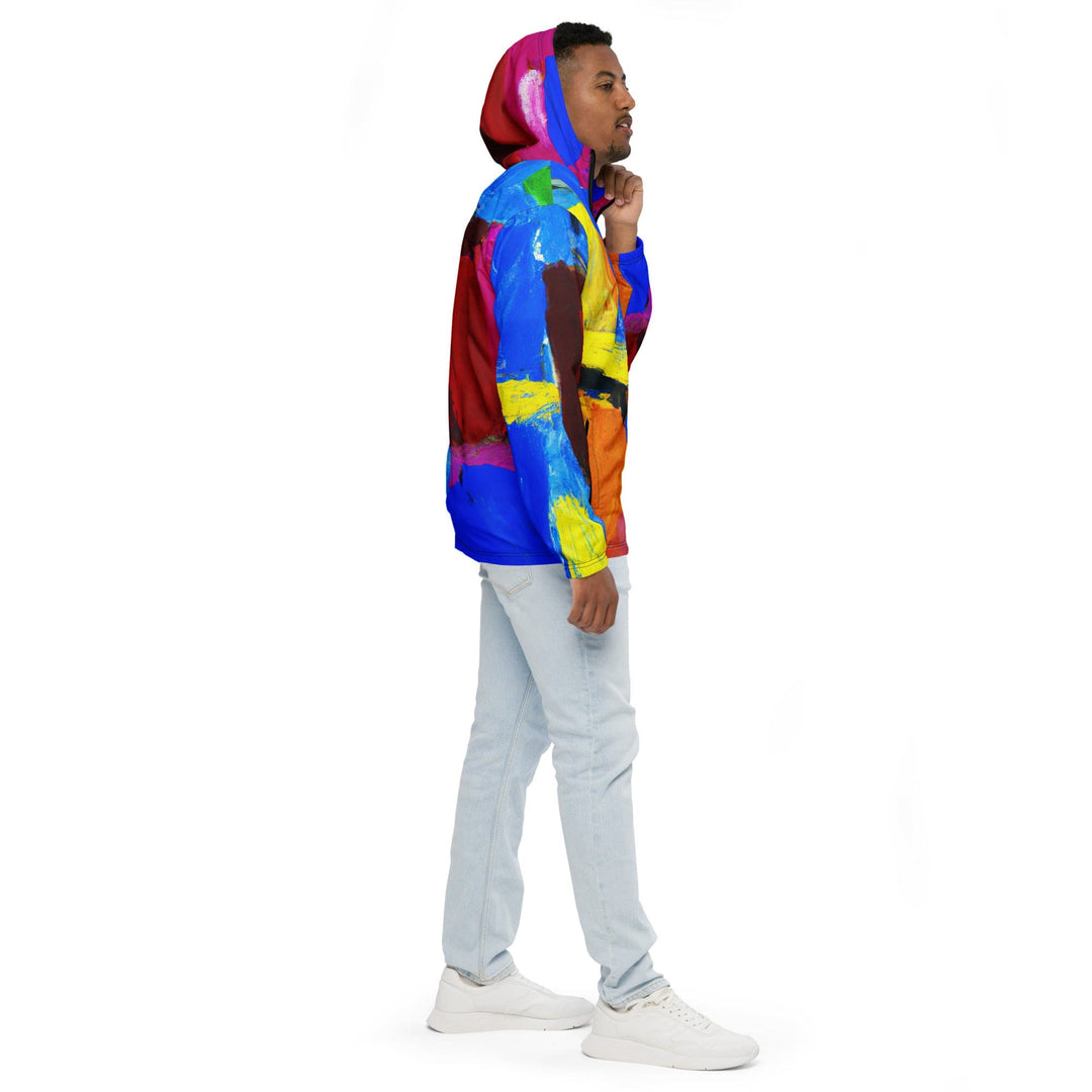 Mens Hooded Windbreaker Jacket Blue Red Abstract Pattern