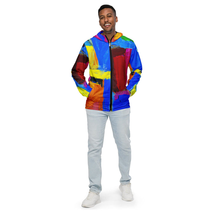 Mens Hooded Windbreaker Jacket Blue Red Abstract Pattern