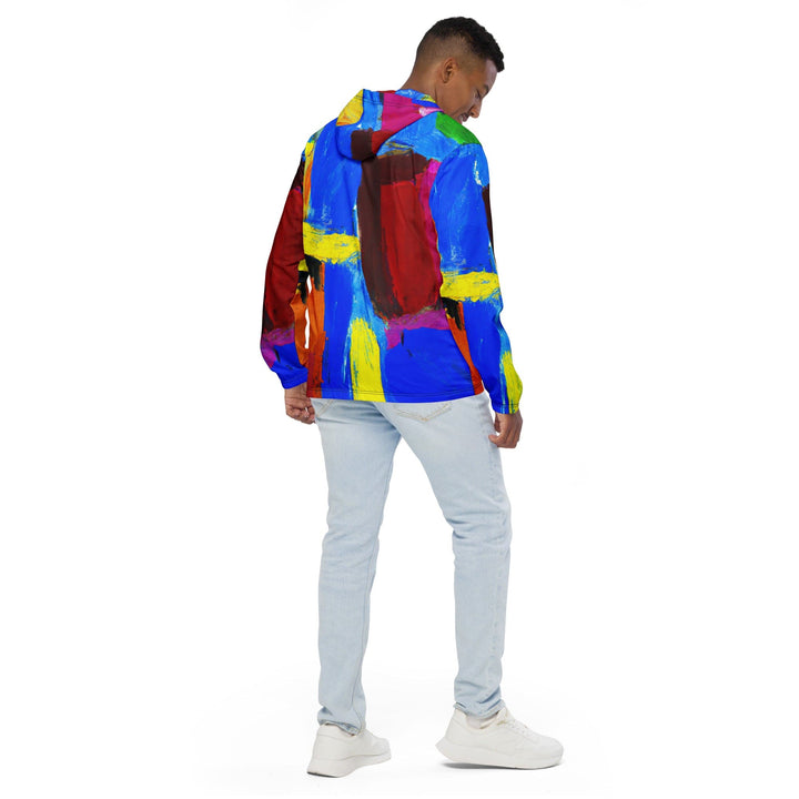 Mens Hooded Windbreaker Jacket Blue Red Abstract Pattern