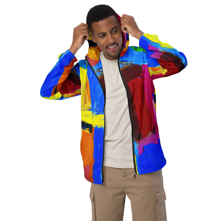 Mens Hooded Windbreaker Jacket Blue Red Abstract Pattern