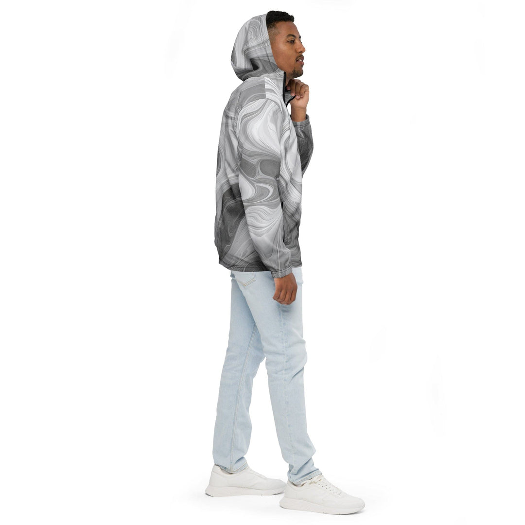 Mens Hooded Windbreaker Jacket Boho Marble Pattern White And Grey